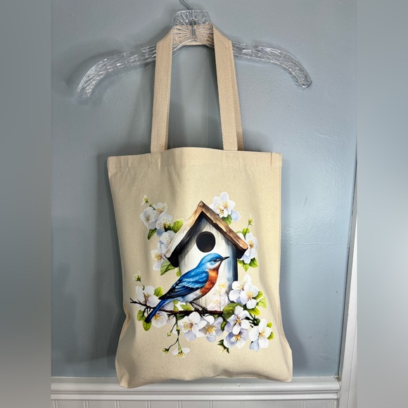 Handmade Handbags - Canvas Tote Bag Bluebird & Birdhouse Floral Print Handmade Made Grocery Bag